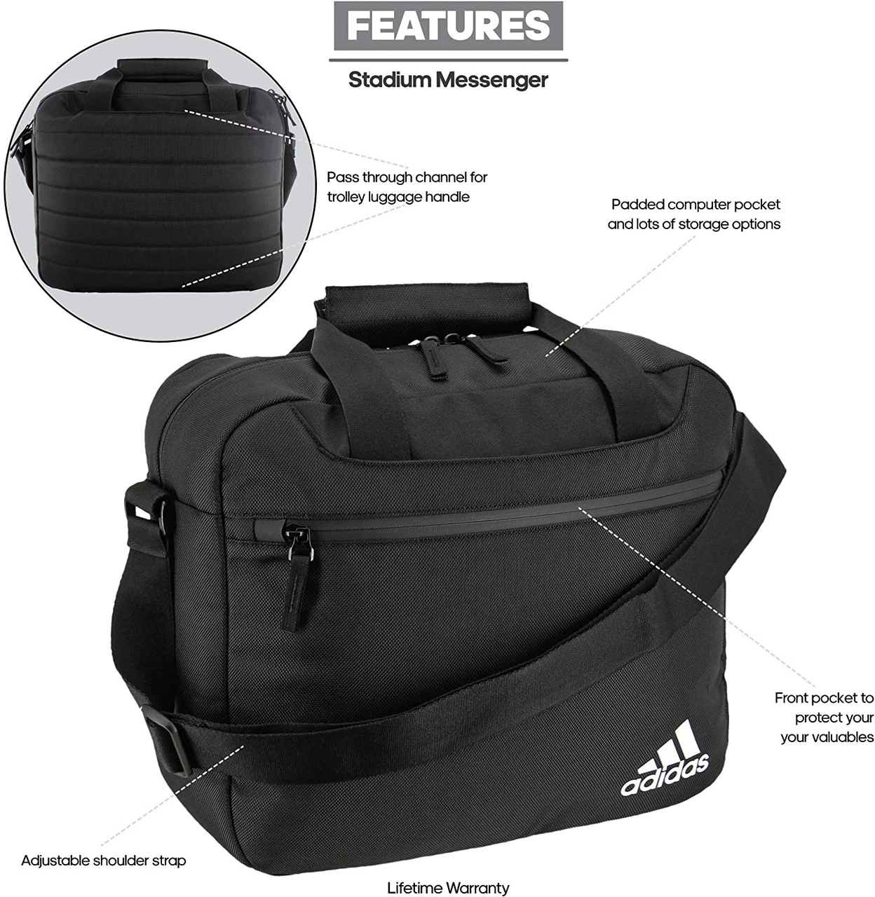 Adidas Unisex Stadium Messenger Bag Coaches Briefcase Black One Size - Image 2