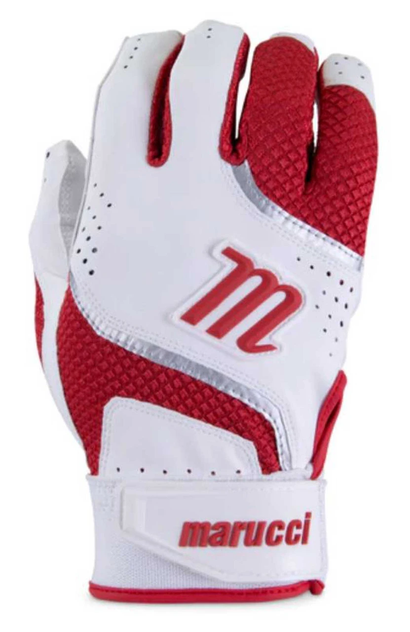 Marucci Code Adult Batting Gloves, Leather Palm & Mesh Back - Red/White